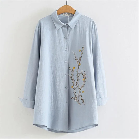 Floral Embroidery Button Down Blouse