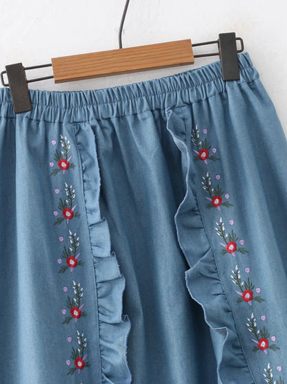 Floral Embroidery Knee Length Skirt