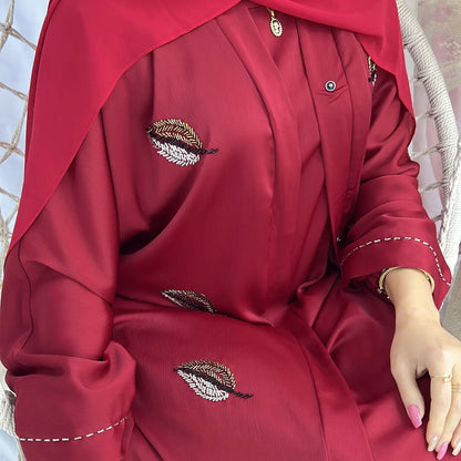 Long Sleeve Abaya With Leaf Embroidery