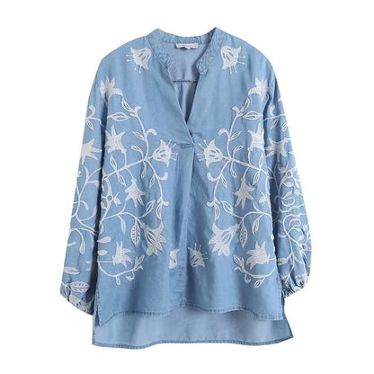 Denim Floral Embroidered Blouse