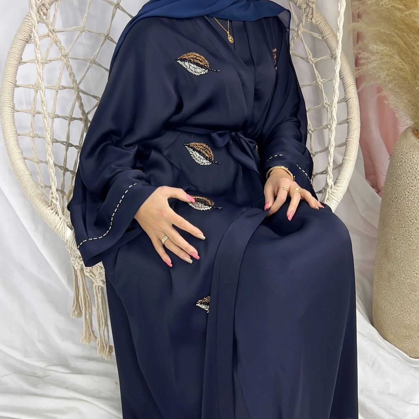 Long Sleeve Abaya With Leaf Embroidery