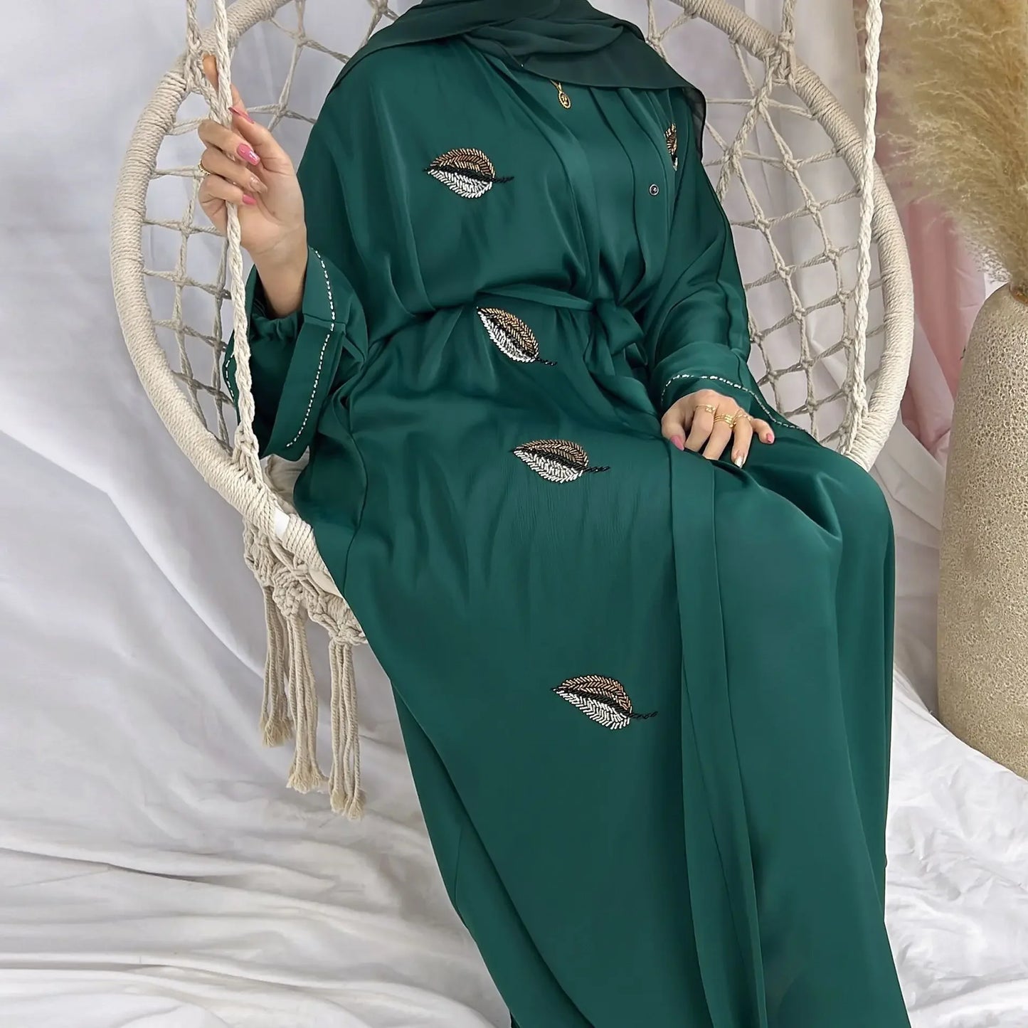 Long Sleeve Abaya With Leaf Embroidery