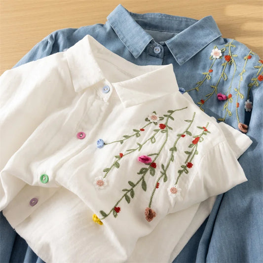 Floral Embroidery Long Sleeve Shirt