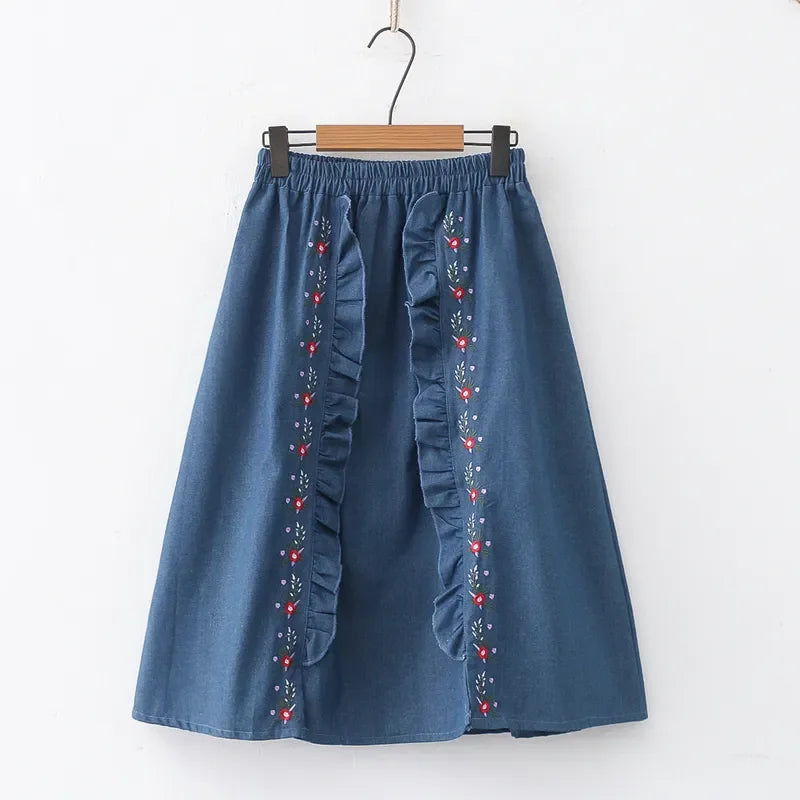 Floral Embroidery Knee Length Skirt